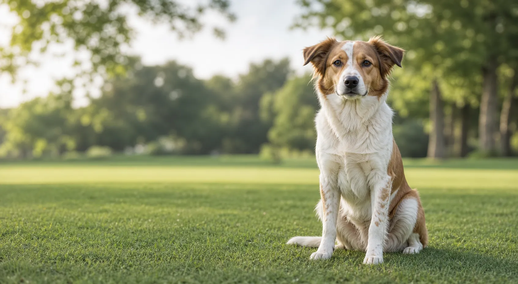 A calm trained dog sitting attentively in a green park