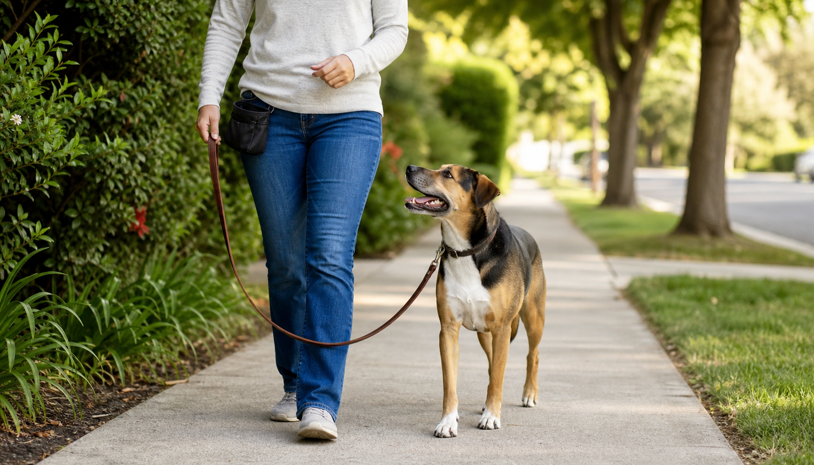 A dog walking calmly on a loose leash beside a trainer