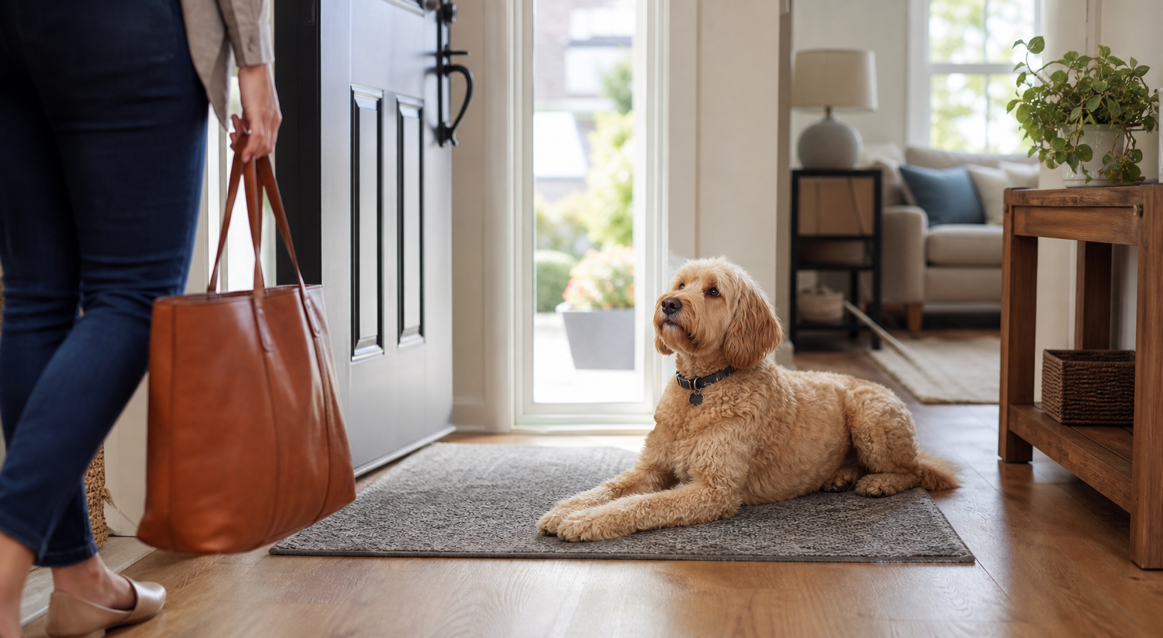 A relaxed dog waiting calmly on a mat near a home entryway