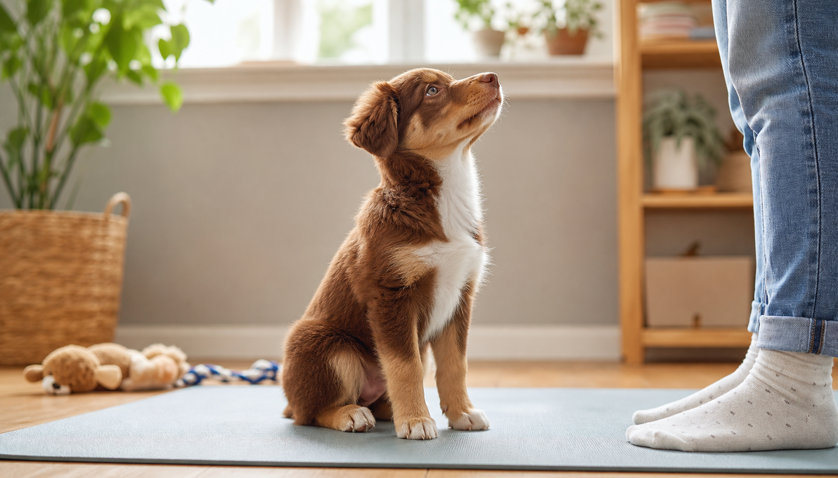 A puppy sitting calmly on a mat during foundations training